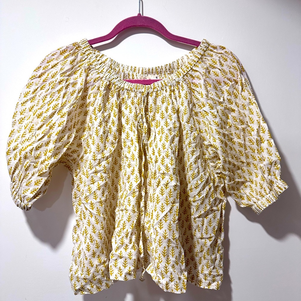 SZ BLOCKPRINTS white and gold peasant blouse with neck tie